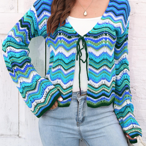 Rainbow Wave Woven Cardigan Sweater with Monochrome Stripes