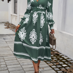 Contrast color print elegant v-neck long sleeve dress
