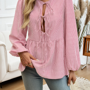 Women's casual loose striped lace-up shirt