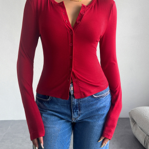 Solid Color Cardigan Button-Down Long Sleeve T-Shirt