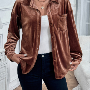 Lapel Long Sleeve Velvet Cardigan Top