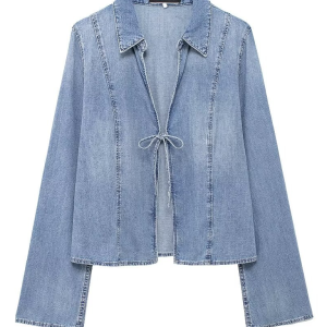 Denim shirt with pussy bow