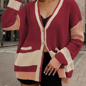 Knitted Jacket V-Neck Large Size Pocket Colorblock Cardigan Sweater