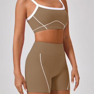 Skinny outdoor sports spaghetti strap contrast color suspender bra + shorts Yoga suit