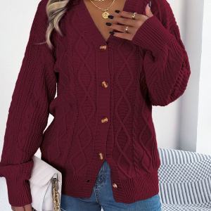 Casual V-neck Lantern Sleeve Twist Button Knit Cardigan Sweater Jacket