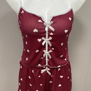 Heart Printed Color Clashing Homewear Front Split Sling Sexy Pajama Set