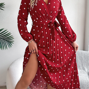 Elegant Color Clash Polka Dot Cross V-Neck Pleated Long Dress