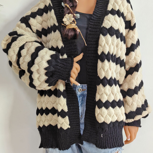 Women's Pineapple Cubic Color Blocking Striped Sweater Cardigan