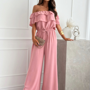 One-piece collar casual solid color waisted jumpsuit