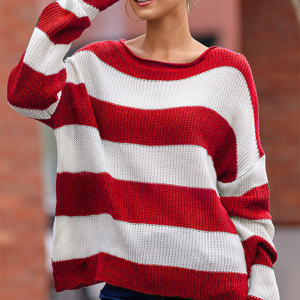 Round Neck Long Sleeve Colorblocked Striped Knit Sweater Flare Sleeve Sweater