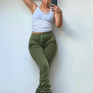 Women's Solid Color High Waisted Shrink Pleat Drawstring Casual Stacked Pants