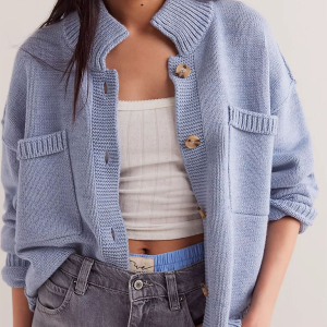 Women's Knit Jacket Standing Collar Solid Color Cardigan Sweater