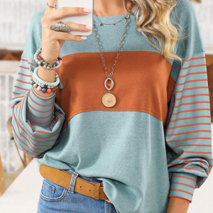 New pullover round neck casual striped color collision long sleeve t-shirt