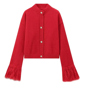 Cardigan Sweater with Fur Patchwork Cuffs