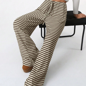 Women's new casual striped solid color rubber band drawstring straight leg pants
