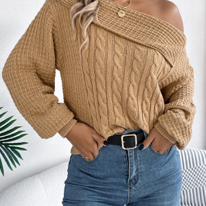 Casual Sexy Lapel Off-shoulder Cable Long Sleeve Pullover