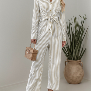 Ladies new v-neck striped lace-up jumpsuit