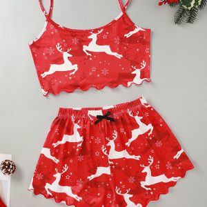 Christmas Santa Claus Elk Print Sleeveless Shorts Simple Casual Two-piece Home Clothes