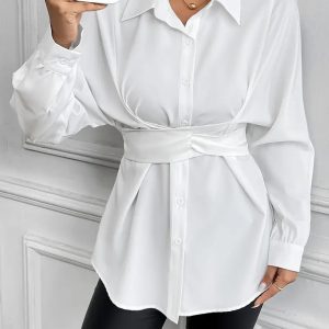 Lapel tie bow waist slimming shirt women's clothing