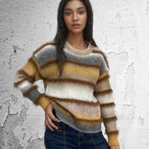 Vintage Rainbow Top Gradient Contrast Stripe Mohair Pullover Knit Sweater