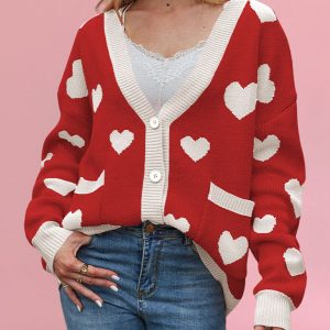 Valentine's Day Heart Peach Cardigan Pocket V-neck Knitted Jacket