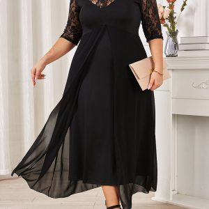 Plus size women's round neck lace splicing V neck half sleeve big swing dress