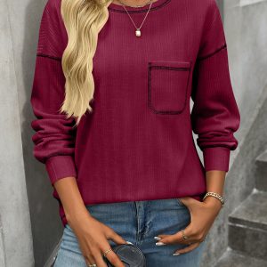 Women's ribbed brushed solid color round neck pocket casual loose T-shirt