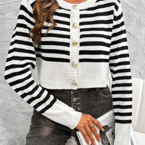 Ladies Temperament Casual Contrast Color Button Cardigan Long Sleeve Sweater