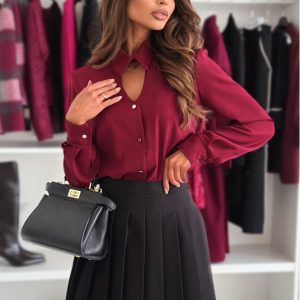 Long Sleeve Lapel Cutout Shirt Top