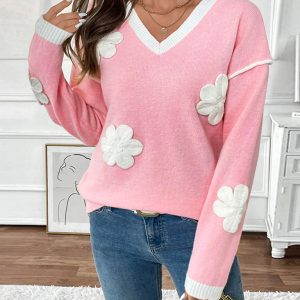 Valentine's Day long-sleeved V-neck 3D applique pink sweater