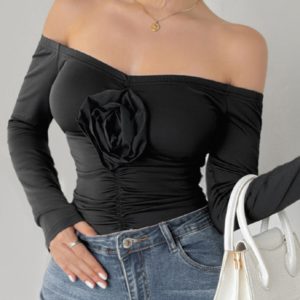 Off-shoulder sexy jumpsuit 3D flower one-shoulder slim bodysuit