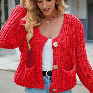 New solid color thick needle sweater jacket loose soft lazy style knitted cardigan