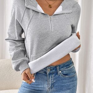 Long-sleeved casual hoodie autumn and winter new style plus velvet thickened solid color pullover sweater top