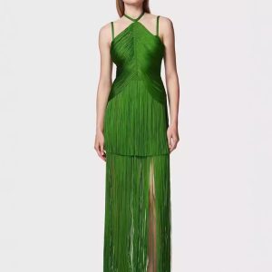 New green halter neck maxi dress with fringe hem for dinner party Dress