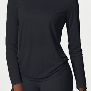 Women's Round Neck Curved Hem Long Sleeve Sports Top Quick Dry Breathable Yoga Cover Up