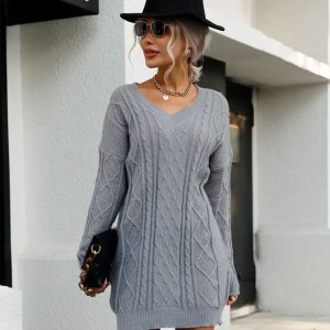 Casual Solid Color Long Sleeve V-Neck Grey Sweater Dress