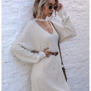 women's pullover low collar long sleeve knitted bottoming sweater dress