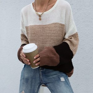 Loose Colorblock Long Sleeve Ladies Autumn Sweater