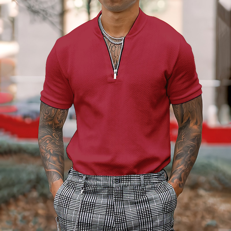 Men's Solid Color Zipper Stand Collar Casual Short Sleeve T-Shirt - Image 4