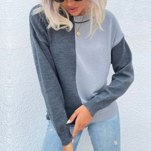 Round neck contrasting sweater with loose pullover knit