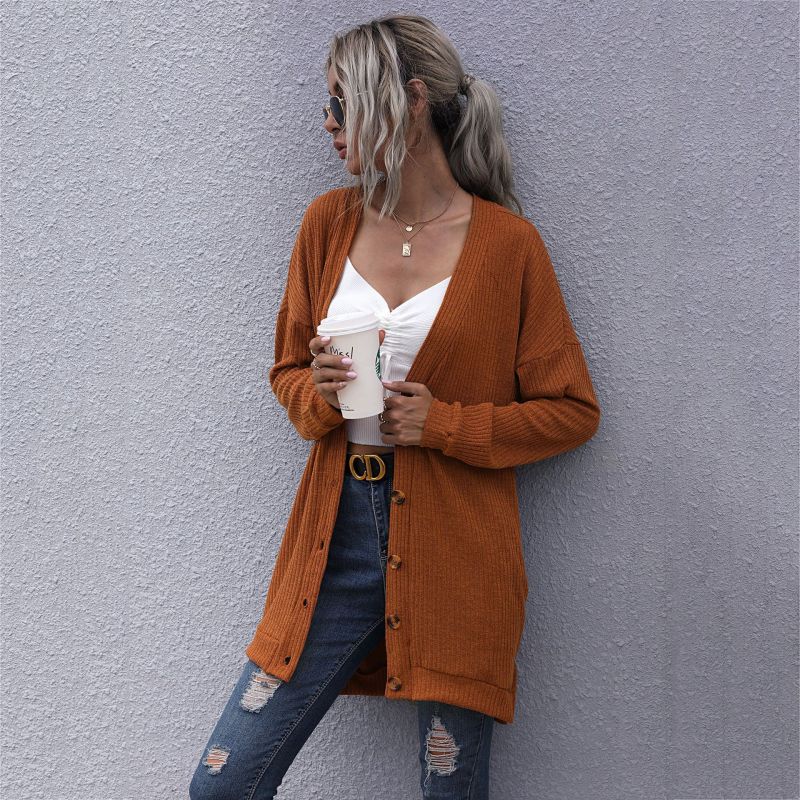 women's long sleeve outerwear knitted v-neck cardigan sweater coat - Image 5