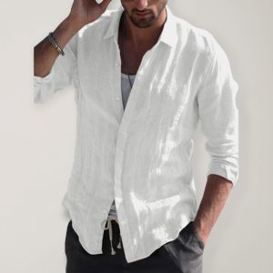 Casual long sleeved cotton linen solid color shirt