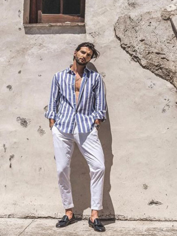 New European and American men's casual comfortable lapel striped beach print long-sleeved shirt - Image 2