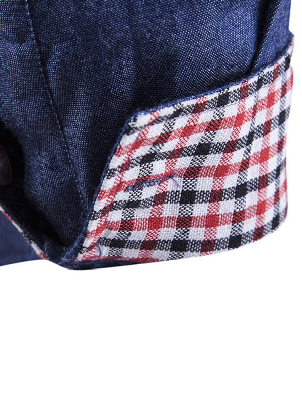 Men's Casual Shirt Pocket Patch Leather Long Sleeve Shirt Denim Shirt - Image 6