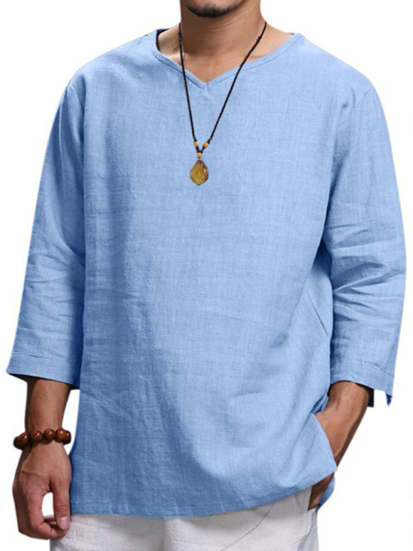 Men's Long Sleeve V Neck Cotton Linen Loose Shirt - Image 6