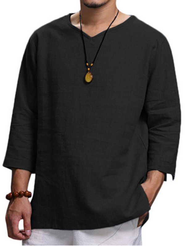 Men's Long Sleeve V Neck Cotton Linen Loose Shirt - Image 14