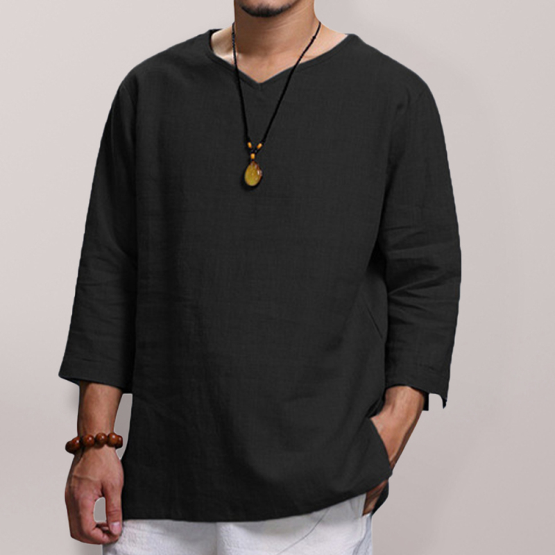 Men's Long Sleeve V Neck Cotton Linen Loose Shirt - Image 3