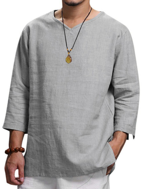 Men's Long Sleeve V Neck Cotton Linen Loose Shirt - Image 5