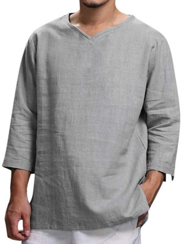 Men's Long Sleeve V Neck Cotton Linen Loose Shirt - Image 17