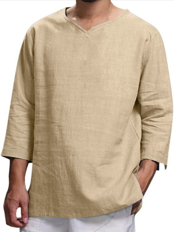 Men's Long Sleeve V Neck Cotton Linen Loose Shirt - Image 10